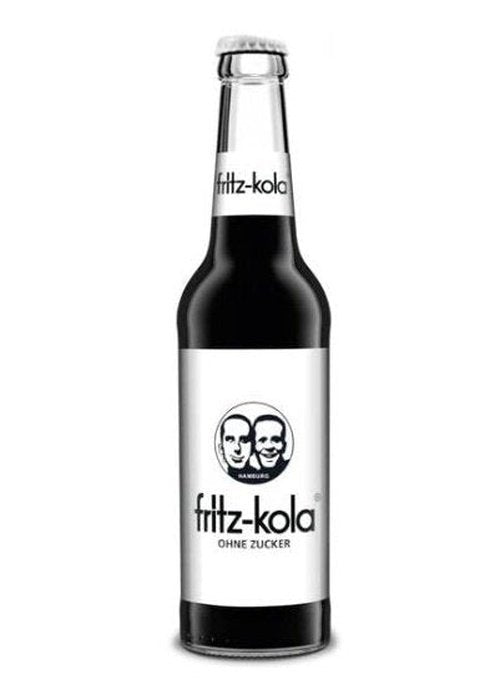 Fritz-Kola Super Zero sugar-free dark cola drink in slim glass bottle with silver cap