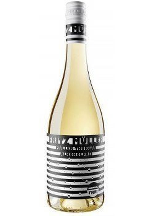 Fritz Muller Alcohol Free white wine bottle with black and white striped label