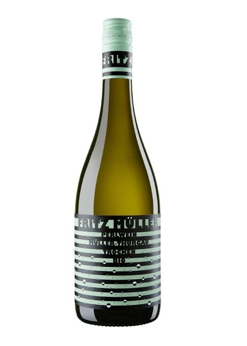 Fritz Muller Perlwein Bio organic sparkling white wine bottle with striped label