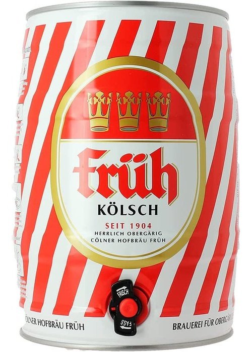 Fruh Kolsch 5 Liter mini-keg with red and white striped metal body and gold crown label