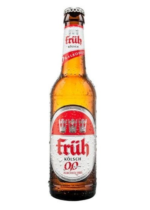 Chilled Fruh Kolsch 0.0% alcohol-free German beer bottle with condensation