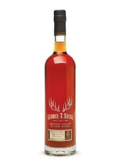 George T. Stagg 2017 bourbon whiskey bottle with antler label and amber liquid