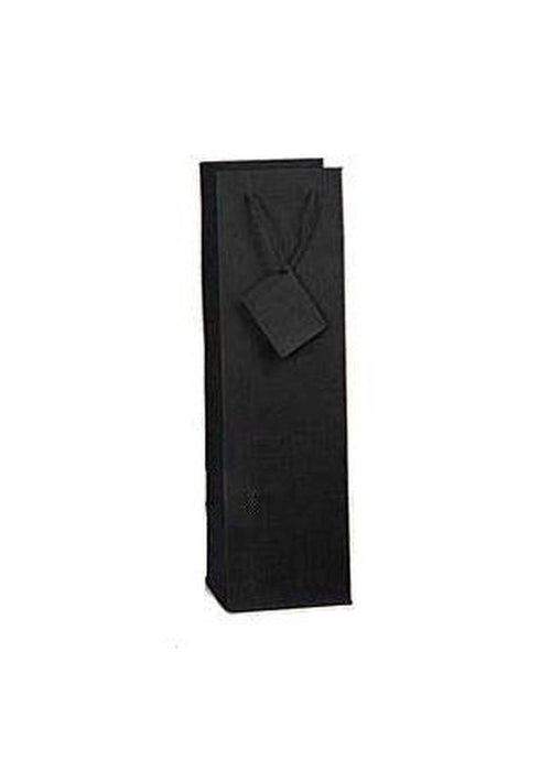 Black single bottle gift bag with paper handles and tag for wine or spirits