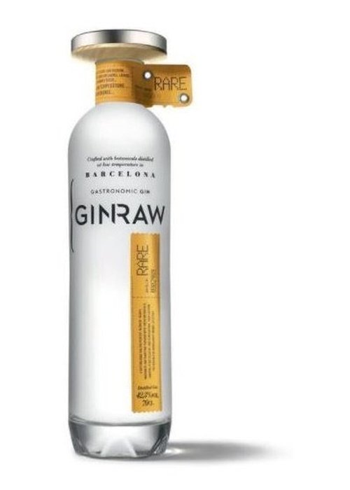 Gin Raw Rare 700ml Barcelona Gastronomic Gin bottle with silver cap and tan neck tag