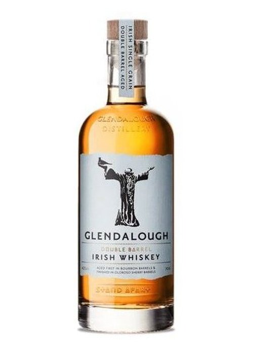 Glendalough Double Barrel Irish Whiskey bottle with robed figure label and cork stopper