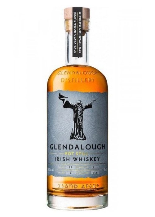 Glendalough Pot Still Irish Whiskey bottle with Wicklow Mountain Oak label and robed figure design