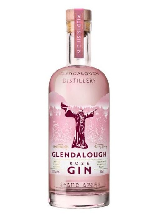 Glendalough Rose Gin 700ml bottle with pink liquid, rose petals, and robed figure label