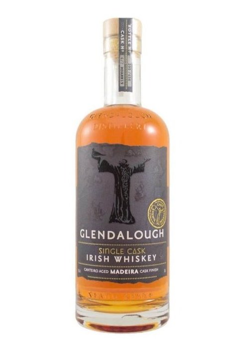 Glendalough Single Cask Madeira Irish Whiskey bottle with robed figure label and gold seal