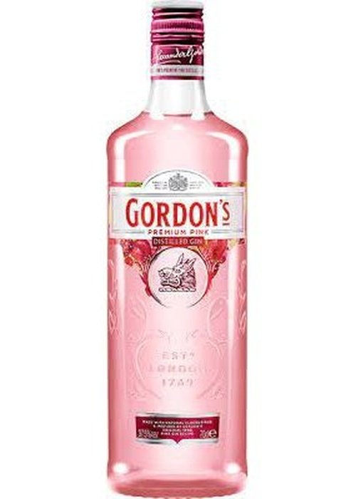 Gordon's Premium Pink Distilled Gin 700ml bottle with rabbit emblem and floral label design