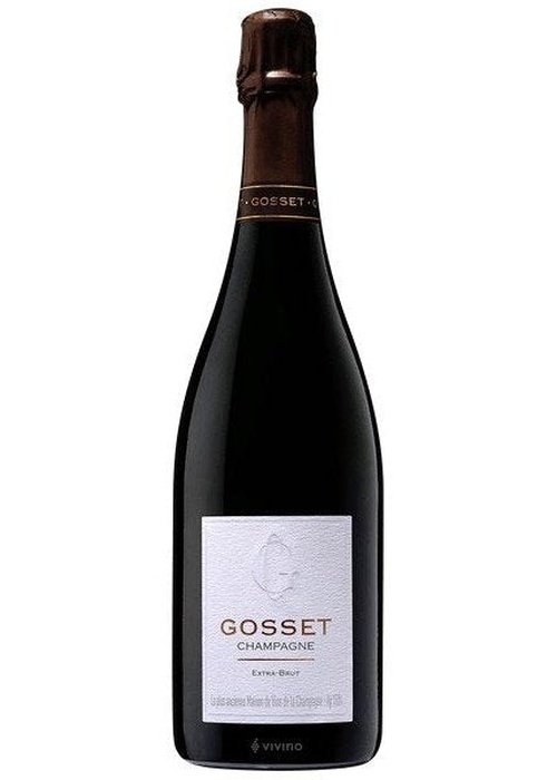 Gosset Champagne Extra Brut bottle with gold neck band and textured label
