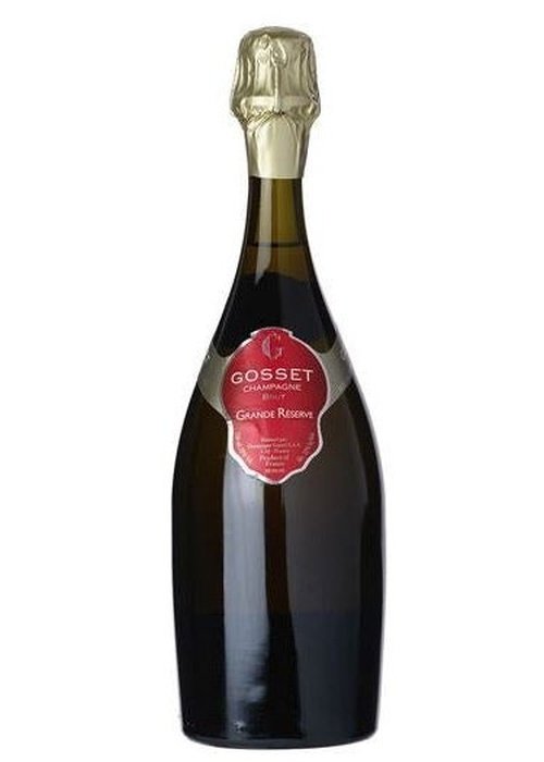 Gosset Champagne Grand Reserve sparkling wine bottle with red label and gold foil