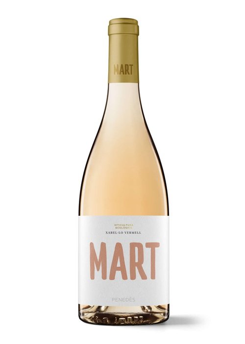 Gramona Mart Rose organic wine bottle with pale salmon-pink liquid and terracotta label