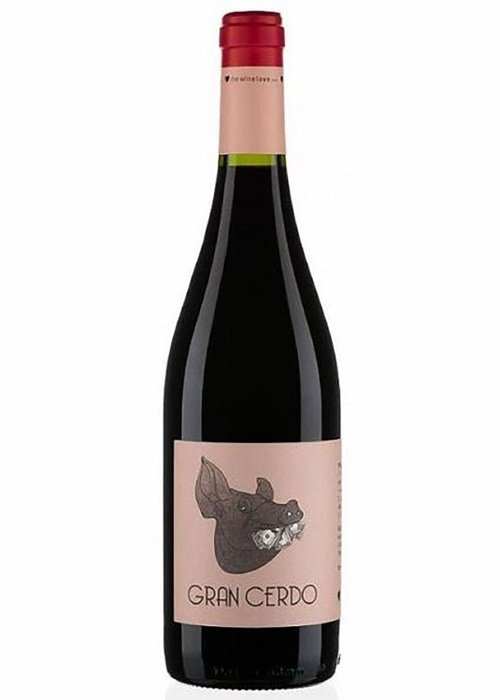Gran Cerdo red wine bottle with pig logo label, natural Tempranillo from Spain