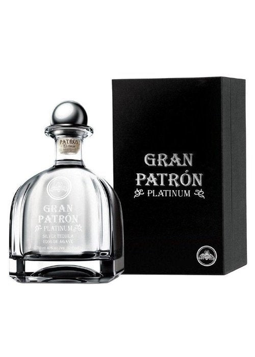 Gran Patron Platinum 700ml hand-numbered crystal bottle with silver cap and matte black presentation box