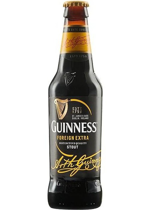 Guinness Foreign Extra Stout 330ml dark brown glass bottle with gold harp logo