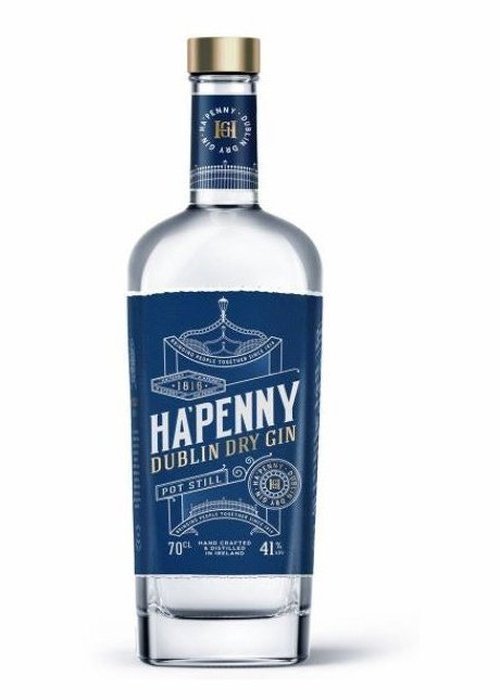 Ha'Penny Dublin Dry Gin 700ml bottle with blue label and gold cap