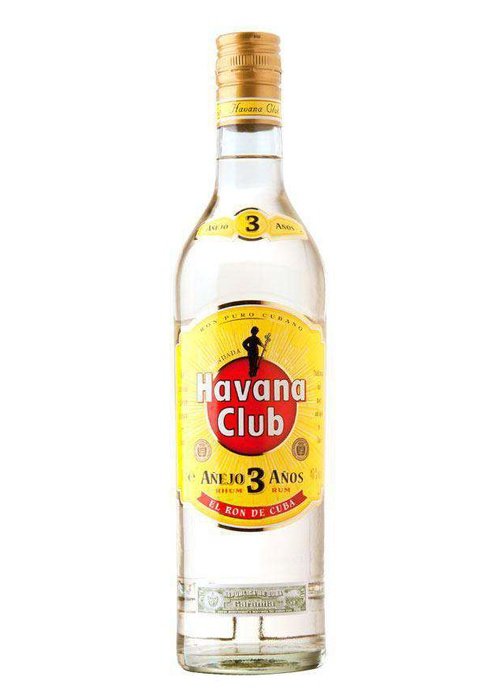 Havana Club 3 Year Old white rum bottle with yellow label and gold cap