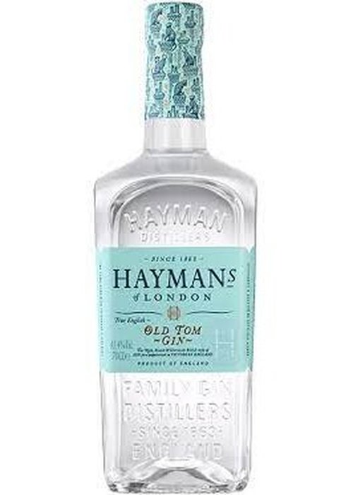 Hayman's Old Tom Gin 700ml bottle with teal label and embossed glass