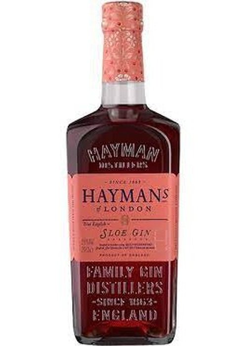 Hayman's Sloe Gin 700ml bottle with coral label and visible sloe berries