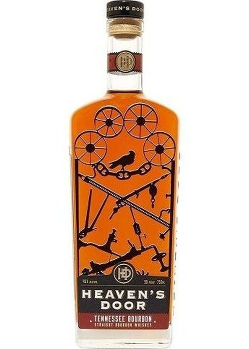Heavens Door Tennessee Bourbon 700ml bottle with orange label and wagon wheel design