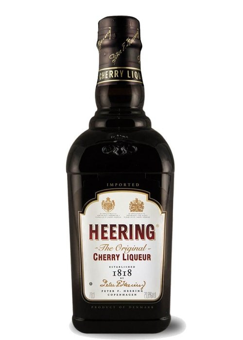Heering Cherry Liqueur dark glass bottle with gold neck band and cream label