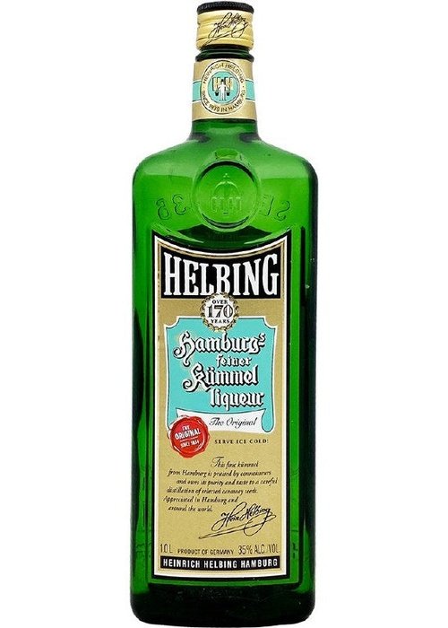 Helbing Kummel 700ml green glass bottle liqueur with gold foil cap and cream label
