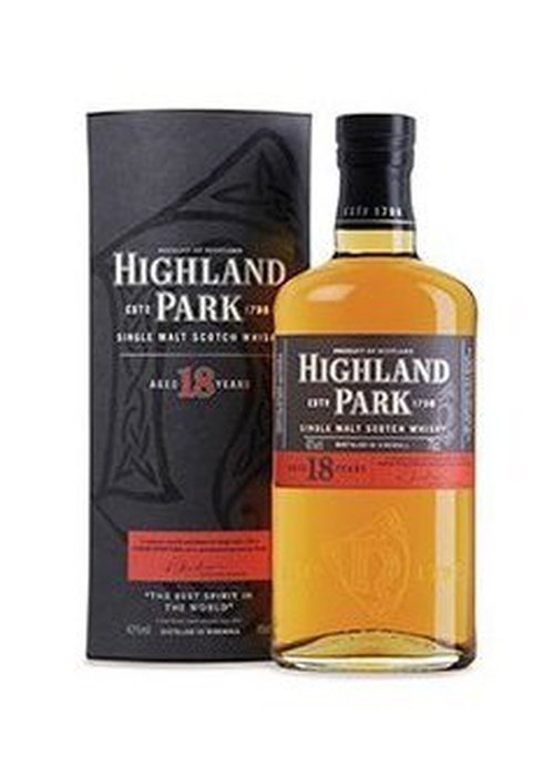Highland Park 18 Year Old Single Malt Scotch Whisky bottle with black packaging and Celtic knot design