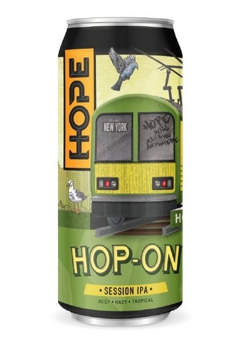 Hope Beer Hop-On Session IPA 440ML can with green and yellow train car label design