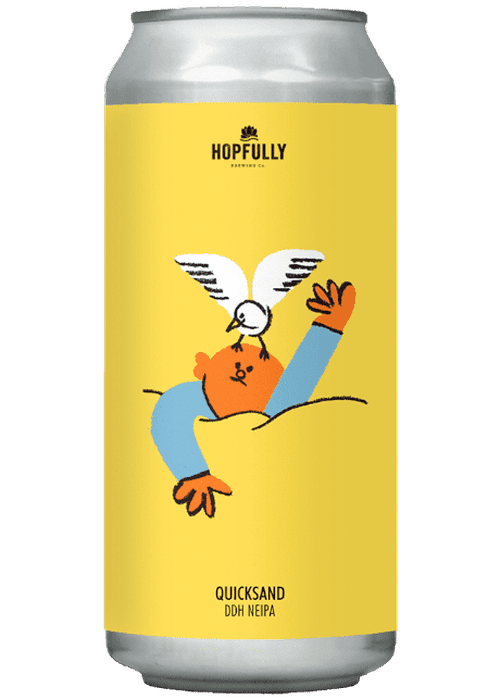 Hopfully Quicksand DDH New England IPA 440ml can with yellow label and cartoon orange character