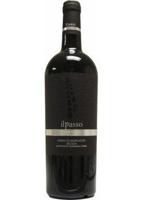 Il Passo Nerrello Mascalese red wine bottle from Sicily with black label and silver band