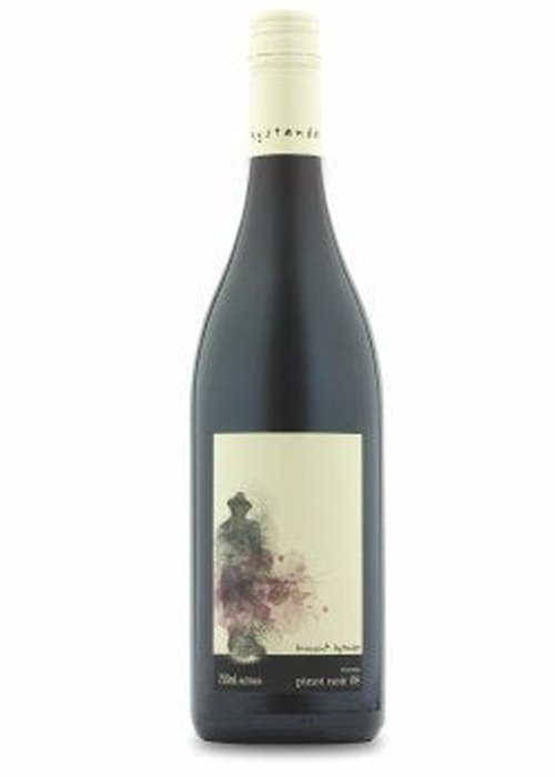 Innocent Bystander Pinot Noir wine bottle with watercolor label art and dark red liquid