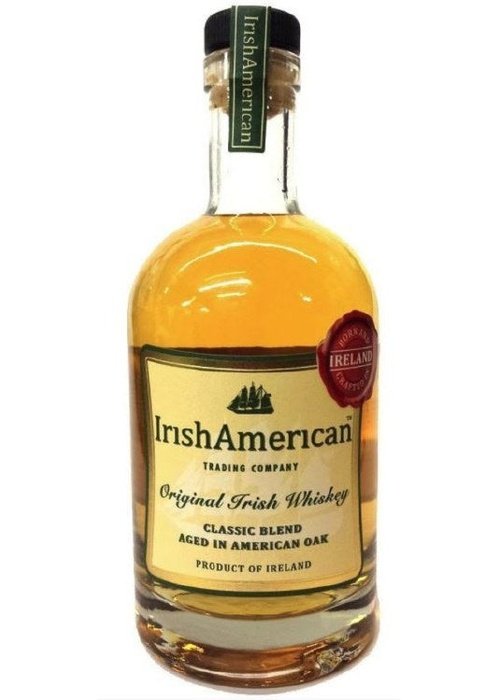 Irish American Classic Blend whiskey bottle with cream label and green text