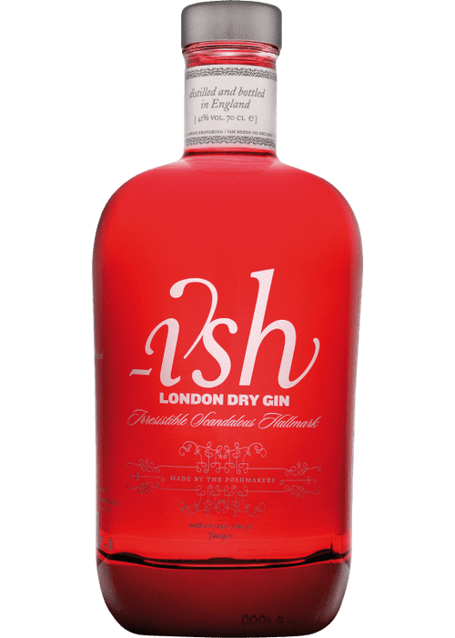 Ish London Dry Gin 700ml red glass bottle with silver cap and coastal skyline label
