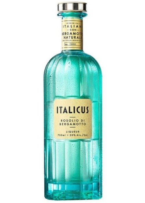 Italicus Rosolio di Bergamotto 700ml turquoise liqueur bottle with ribbed glass and silver cap