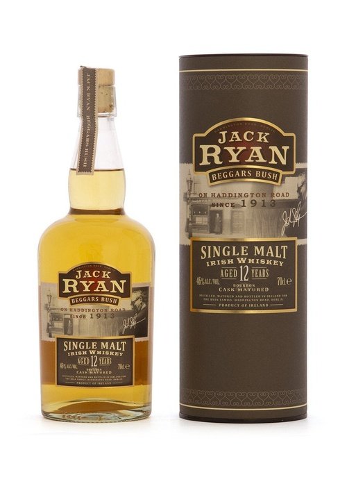 Jack Ryan Beggars Bush 12 Year Old Single Malt Irish Whiskey bottle with cork stopper and branded cardboard tube