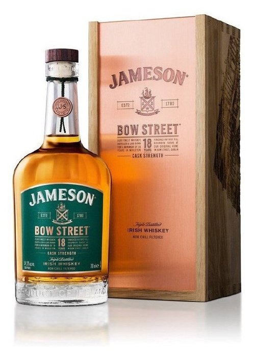 Jameson Bow Street 18 Year Old Cask Strength Irish Whiskey bottle with wooden presentation box