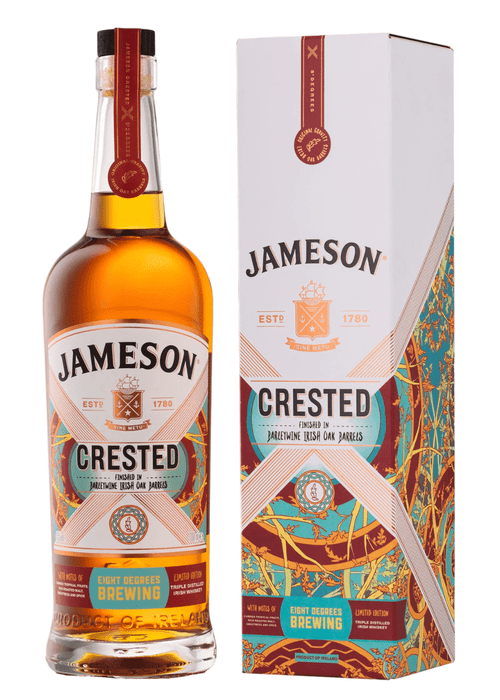 Jameson Crested Irish Oak Barrel finished whiskey bottle with white packaging