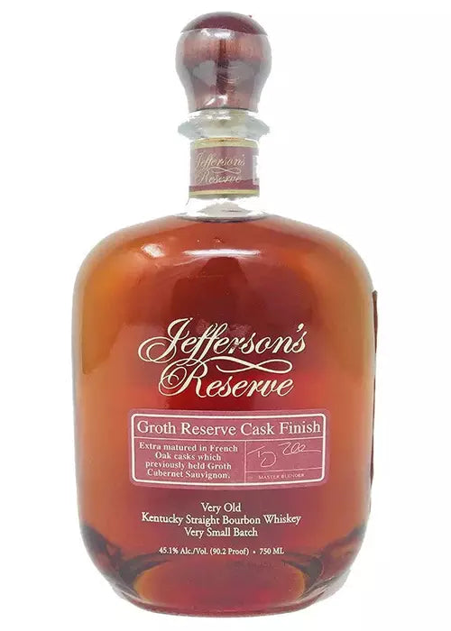 Jeffersons Reserve Groth Reserve Cask Finish bourbon whiskey bottle with wooden stopper