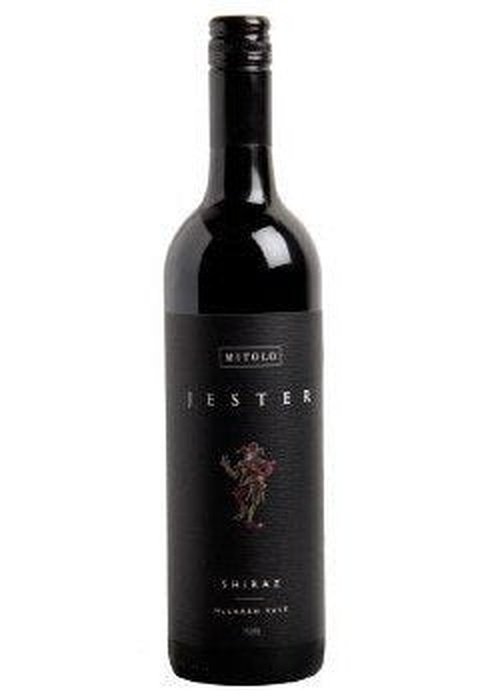 Mitolo Jester Shiraz red wine bottle with black label and jester illustration