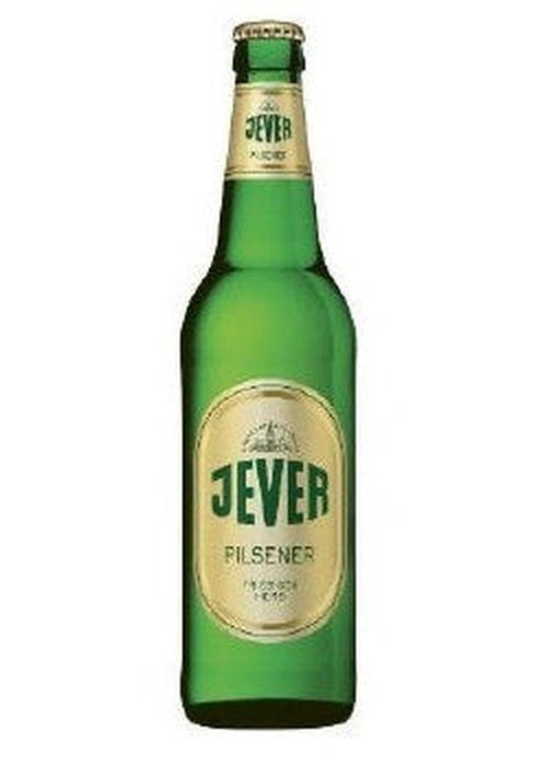 Jever Pilsener 500ml green glass beer bottle with gold label