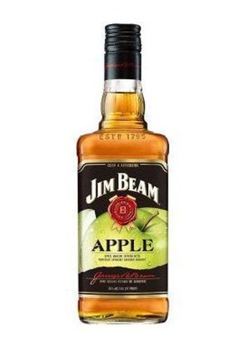 Jim Beam Apple bourbon bottle with black label, red seal and green apple illustration
