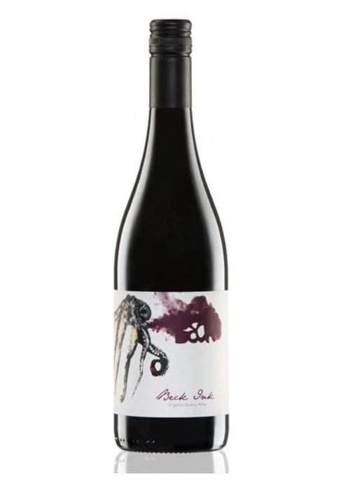 Judith Beck Ink organic red wine bottle with octopus label and purple ink design