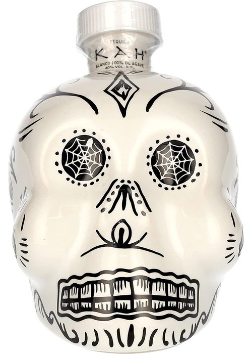 Kah Blanco 700ml sugar skull tequila bottle with black spiderweb eye designs