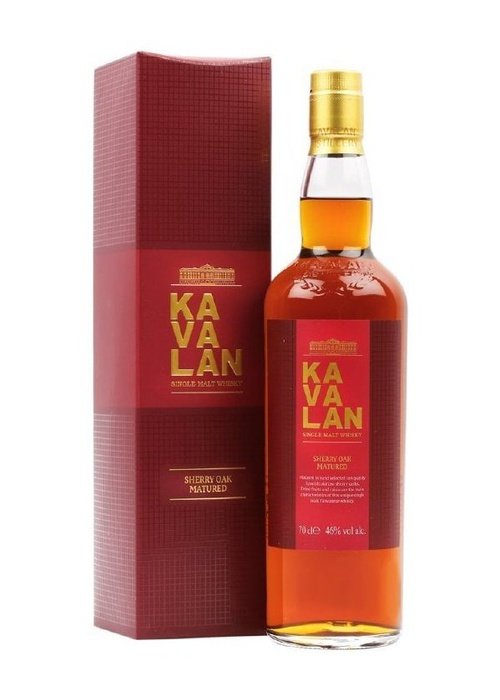 Kavalan Single Malt Whisky Sherry Oak Matured 700ml bottle with red label and gold cap beside matching box