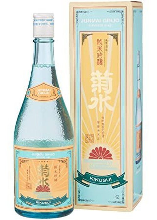 Kikusui Junmai Ginjo 720ml sake bottle with orange label and red sunburst beside packaging