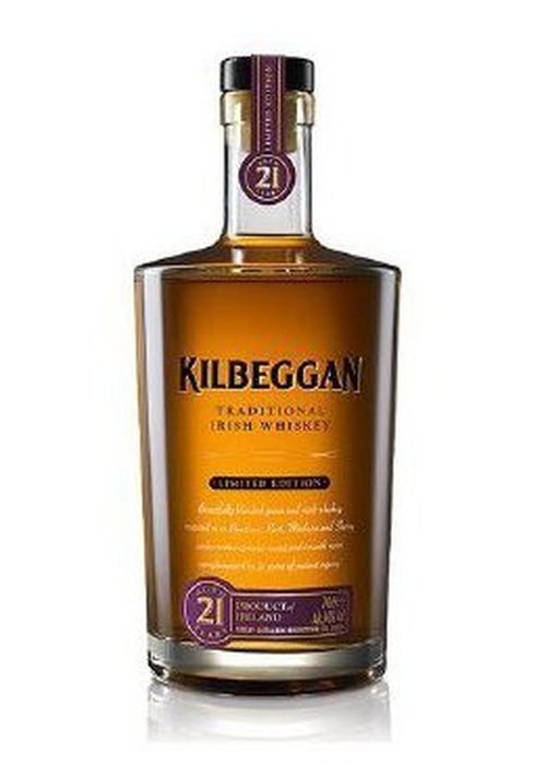 Kilbeggan 21 Year Old Limited Edition Irish Whiskey bottle with purple foil neck label