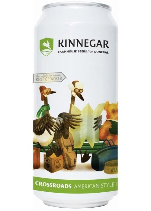 Kinnegar Brewing Crossroads American-style IPA beer can with illustrated birds and bear travel scene