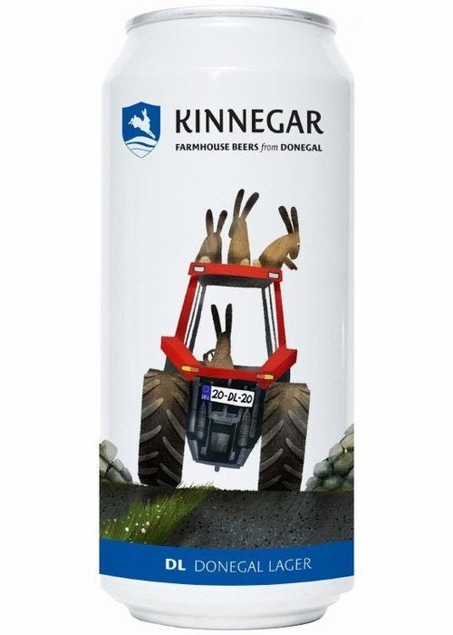 Kinnegar Donegal Lager 440ml can with rabbit and tractor farm design