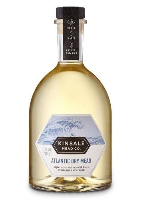 Kinsale Atlantic Dry Mead 700ml bottle with hexagonal label and pale golden liquid