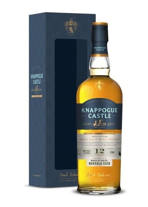 Knappogue Castle 12 Year Old Marsala Cask Single Malt Irish Whiskey bottle with dark blue label and gold accents